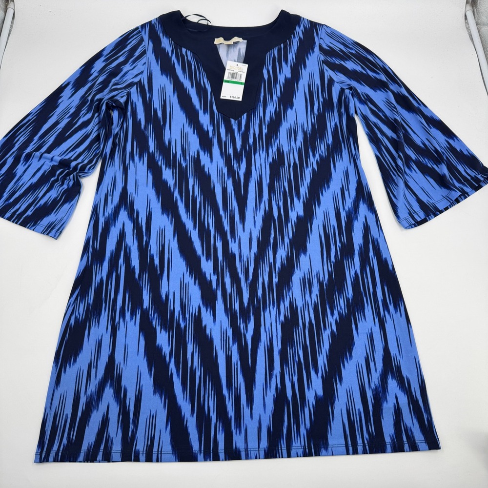 Michael Kors Tunic Dress Large Blue Ikat Chevron 3/4 Bell Sleeve Split Neck‎